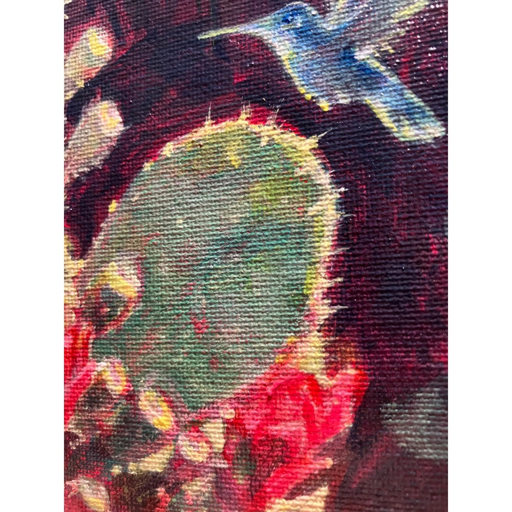 Original Hummingbird & Cactus painting Art Round desert blooming prickly pear - Picture 7 of 8